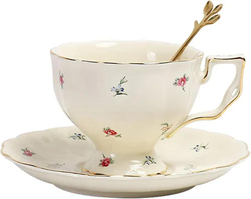 Miniatura 13 de Juego de taza de té y platillo de porcelana, taza de café de cerámica de 8.5 onzas líquidas con platillo y cuchara, taza de café vintage con ribete