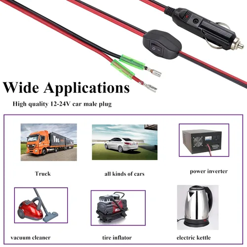 Miniatura 7 de Paquete de 2 adaptadores de enchufe macho de encendedor de cigarrillos de 12 voltios con cable de cables de luz LED y cable de 16 AWG para enchufe