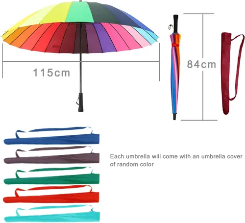 Miniatura 7 de 24k color arco iris paraguas moda mango largo recto anti-UV sol/lluvia stick paraguas manual grande parasol