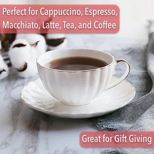 Miniatura 6 de BTaT- Tazas de capuchino con platillos de 7 onzas, juego de 6, diseño de borde dorado Juego de tazas de café de porcelana blanca, apto