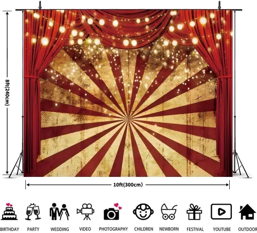 Miniatura 3 de Telón de fondo de circo de 10 x 8 pies para fiesta temática de carnaval, fondo rojo de cortina para baby shower, fiesta de cumpleaños, pancarta