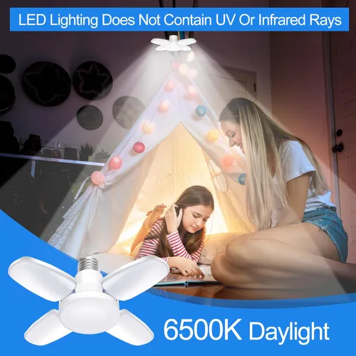 Miniatura 3 de Paquete de 2 bombillas LED de garaje, mini luces LED de techo de garaje de 50 W, 4 paneles ajustables, bombilla LED de garaje de 5000 lúmenes, luz