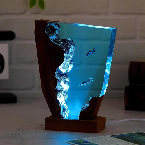 Miniatura 9 de Lámpara de Luz de Madera con Resina Epoxi Creativa del Océano, Lámpara de Océano Acuático Multicolor Hecha a Mano para Entusiastas del Buceo