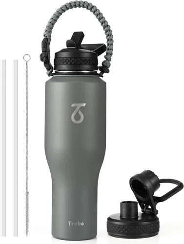 Miniatura 16 de Trebo Botella de agua de 40 onzas con aislamiento que cabe en portavasos de automóvil con asa, botellas de agua de acero inoxidable vaso con tapas