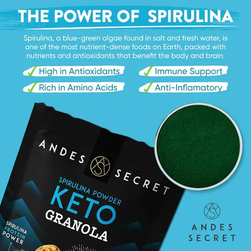 Miniatura 4 de Andes Secret Granola en polvo de espirulina – Almendras, nueces y avellanas – Granola Keto alta en proteínas sin azúcar, granos y gluten – 11 oz