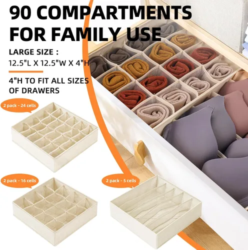 Miniatura 2 de Criusia Organizador de Cajones para Ropa de 6 Piezas - 90 Celdas Organizadores de Closet y Almacenamiento para Cuarto de Bebé - Organizador de Beige