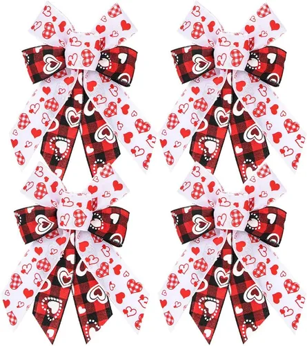 Threetols 4 lazos de corona para el día de San Valentín, lazos a cuadros negros y rojos para la puerta delantera, propuesta de propuesta de corazón