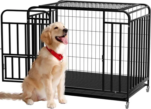 Jaula para perros extra grande de 42 pulgadas, fácil de limpiar, con ruedas bloqueables, perrera indestructible para perros con ansiedad, resistente
