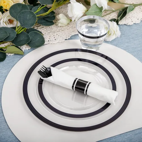 Miniatura 8 de I00000 Juego de 210 platos de plástico transparente y negro, juego de vajilla desechable, incluye 30 platos de cena, 30 platos de postre, 30 vasos