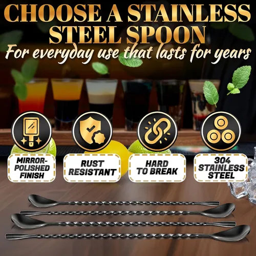 Miniatura 3 de Juego de 4 cucharas de bar para cóctel, cucharas mezcladoras – 30 cm de acero inoxidable con mango en espiral retorcido, buenas para cócteles, té