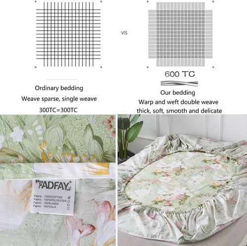 Miniatura 3 de FADFAY Juego de sábanas tamaño King, 100% algodón, elegante ropa de cama de granja con hojas verdes menta y flores blancas, sábana suave