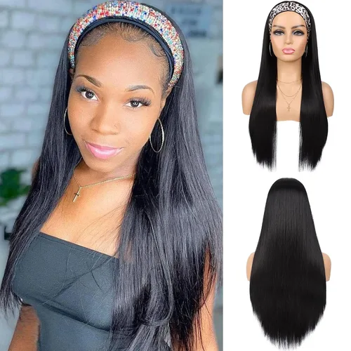 Miniatura 9 de G&T - Peluca de diadema sintética para mujer, color negro, lacio, sin pegamento, resistente al calor, aspecto natural para uso diario en fiestas