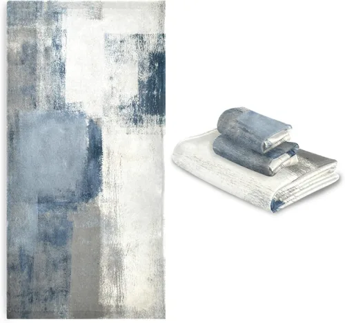 Miniatura 7 de Juego de toallas de baño vintage, juego de 3 toallas suaves de pintura abstracta retro azul gris