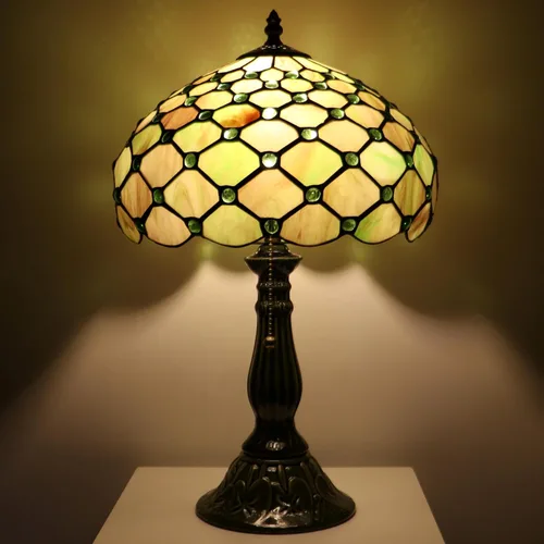 Miniatura 8 de Tiffany Lamp Stained Glass Table Lamps Amber Green Pearl Style Desk Lamp12X12X18.5 Inch Bronze Ceramic Base Reading Light Suitable for Bedside