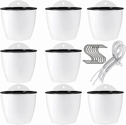 JAPCHET Paquete de 8 macetas colgantes de riego automático de 7 pulgadas, maceta de plástico para colgar en la pared con 8 ganchos, macetas