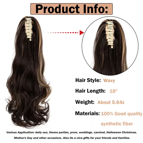 Miniatura 2 de Extensión de cola de caballo con clip de garra, de 18 pulgadas, extensiones de cabello ondulado largo para mujer, extensiones de cola de caballo