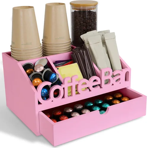Miniatura 11 de Organizador de Barra de Café para Encimera – Caddy de Estación de Café de Madera con Compartimentos para Cápsulas, Condimentos, Té y Accesorios