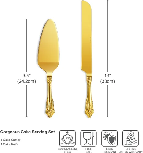 Miniatura 5 de KEAWELL Magnífico juego de cuchillos y servidor para pastel de boda, acero inoxidable 18/10, juego de corte de pastel de lujo fino (dorado)