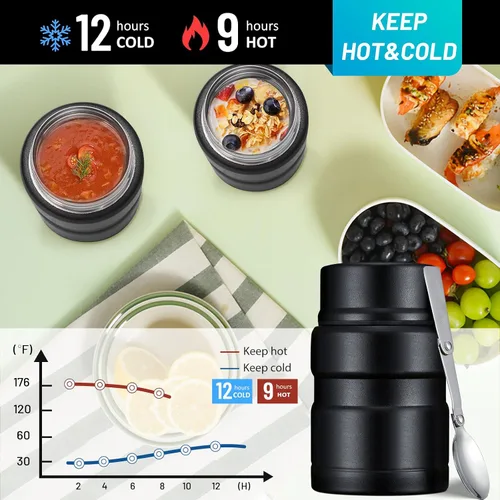 Miniatura 4 de Charcy Termo de 17oz para alimentos calientes, contenedor de comida aislado para almuerzo con cuchara plegable QB - Negro