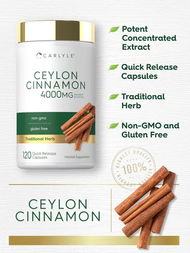 Miniatura 4 de Cápsulas de canela de Ceilán Carlyle 4000 mg 120 unidades Suplemento sin OGM y sin gluten