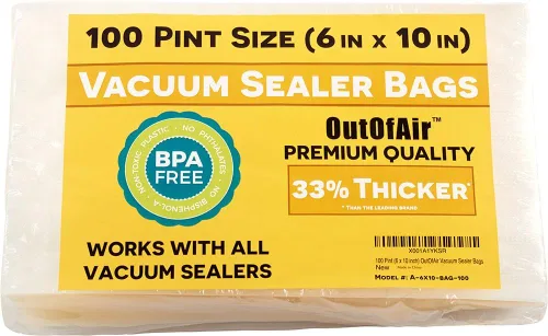 100 bolsas selladoras al vacío: Tamaño pinta (6 x 10 pulgadas) de OutOfAir. Funciona con FoodSaver y otras máquinas - 33% más gruesas, sin BPA,