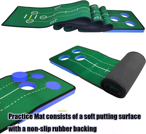 Miniatura 4 de Juego de putting de golf, juego de putting verde para interiores, tapete de golf desmontable, incluye 1 putter, 6 pelotas de golf, 3 tazas de golf
