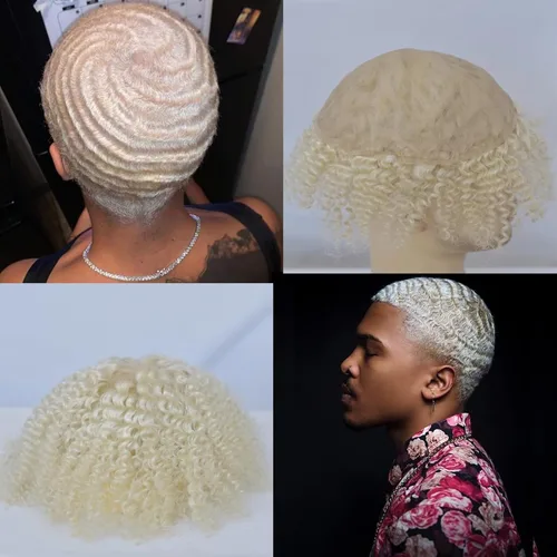 Voloria 10x8 pulgadas Full Lace African Waves Hairpiece Afro Kinky Curl Negro Mens Toupee brasileño Cabello humano reemplazo sistema Afro Wave
