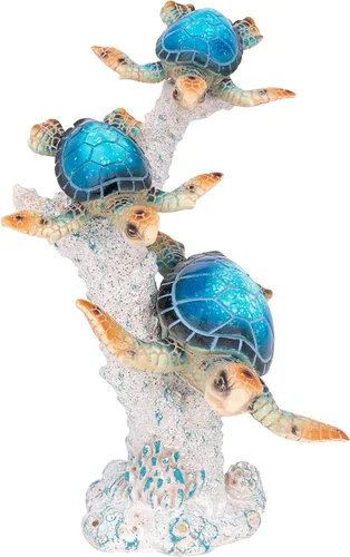 Miniatura 6 de Estatua de tortuga marina triples nadando sobre base de arrecife de coral, figura de polystone inspirada en el océano para decoración del hogar Azul