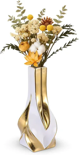 Miniatura 9 de Jarrón de cerámica verde y dorado de 10.6 pulgadas, moderno jarrón de flores geométrico para centro de mesa de comedor, elegante jarrón decorativo