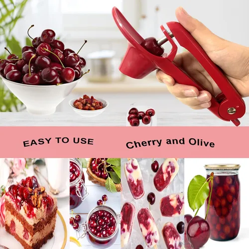 Miniatura 2 de Cherry Pitter, herramienta de acero inoxidable resistente para descorazonadores de aceitunas y cerezas con diseño de bloqueo que ahorra espacio, Rojo