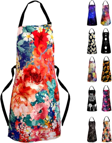 Delantal Babero Ajustable Impermeable con 2 Bolsillos Delantales de Cocina para Mujeres Hombres Chef Flores