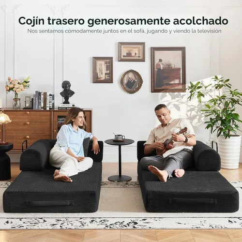 Miniatura 7 de Sofá cama convertible 5 en 1 sin montaje, marco de acero fijo de 79 pulgadas con espuma de alta resistencia, sofá modular de pana plegable para Negro