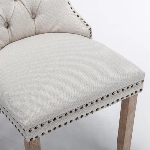 Miniatura 6 de Juego de 2 sillas de comedor, sillas decorativas de tela de lino con patas de madera maciza, ribete de cabeza de clavo de cobre, tirador de anillo