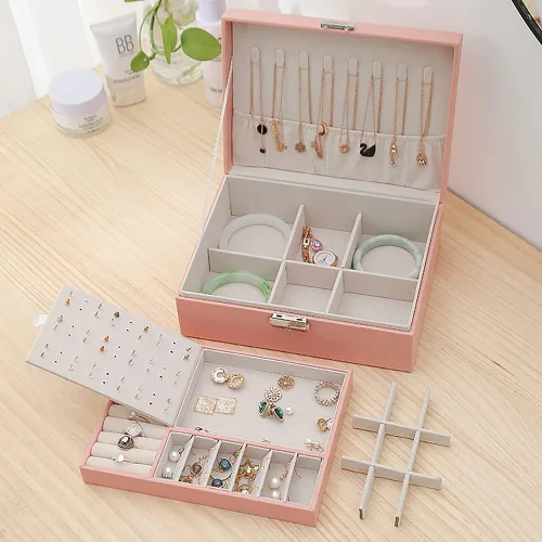 Miniatura 4 de NuAngela Joyero organizador grande para mujeres y niñas, estuche de almacenamiento de joyas de 2 capas, soporte de joyería de piel sintética