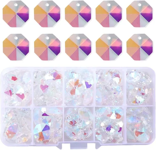 LONGWIN Lote de 100 piezas de 1 agujero de cristal octágono cuentas, cristal Prisma Suncatcher piezas de repuesto lámpara DIY colgante colgante AB