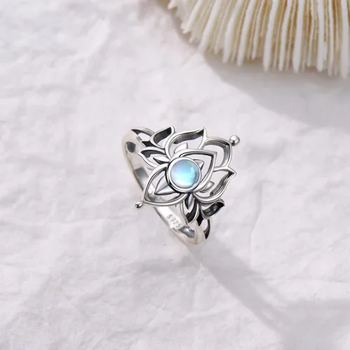 Miniatura 5 de Anillo de loto de piedra lunar para mujer, plata de ley 925, anillo de flor de loto, joyería espiritual vintage de loto para mujer, regalos de loto
