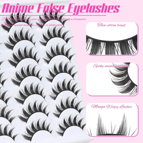 Miniatura 3 de Veleasha - Pestañas postizas manga puntiagudas naturales, para cosplay de anime, 14 pares, 3D, ligeras, banda de algodón de 8-15 mm, suaves, 100%