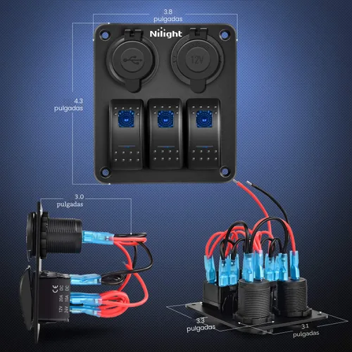 Miniatura 2 de Nilight - Panel de interruptor basculante de 3 bandas 90115C Panel de interruptores de aluminio precableado impermeable con enchufe de cargador USB