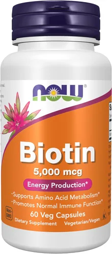 NOW Foods Suplementos, Biotina 5,000 mcg, Metabolismo de Aminoácidos*, Producción de Energía*, 60 Cápsulas Vegetales