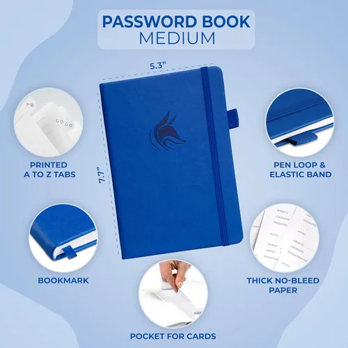 Miniatura 2 de Clever Fox - Libreta de contraseñas con pestañas alfabéticas, organizador de direcciones de Internet, tamaño mediano, para inicios de sesión en Azul