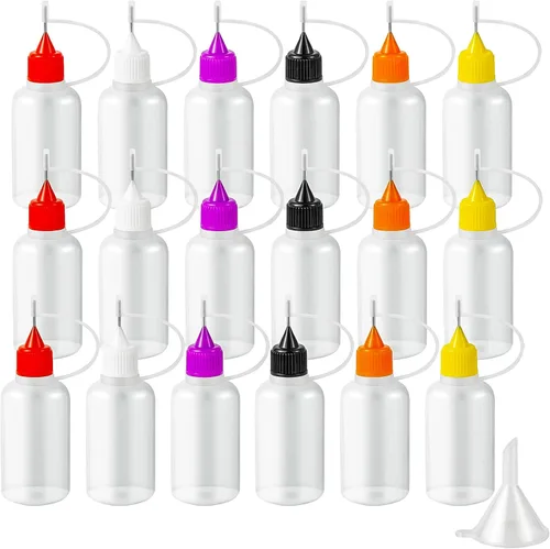18 botellas aplicadoras de pegamento con punta de aguja de precisión, 6 colores de 1.0 fl oz / 1 onza botella de punta fina con mini embudo para