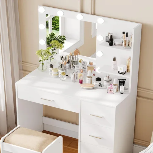 Miniatura 8 de Rovaurx Escritorio de tocador con espejo y luces, mesa de tocador de maquillaje con estantes de almacenamiento y 4 cajones, tocador de dormitorio