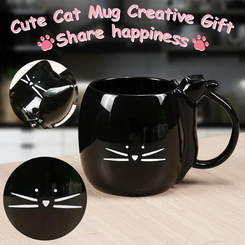 Miniatura 3 de Koolkatkoo Taza de café con diseño de gato, regalo para amantes de los gatos, tazas de té de cerámica, color negro, 16 onzas Gato plano negro