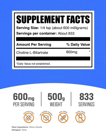 Miniatura 3 de BulkSupplements. com Polvo de bitartrato de colina, suplementos de colina, sin sabor y sin gluten, 600 mg por porción, 17.64 oz (1.1 libras)