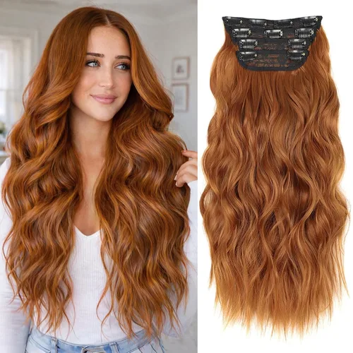 Miniatura 42 de ALXNAN Extensiones de cabello sintético largo y ondulado con clip, de 16 pulgadas, color negro natural, 4 piezas gruesas, fibra de doble trama