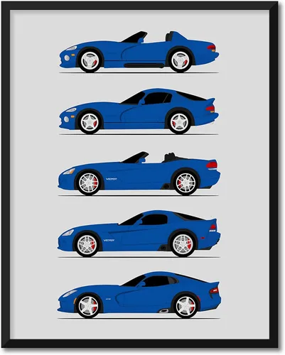 Miniatura 7 de Custom Car Posters Póster hecho a mano compatible con Dodge Viper Generations e impresión de Viper R/T GTS SRT10, color rojo con rayas blancas, 3.