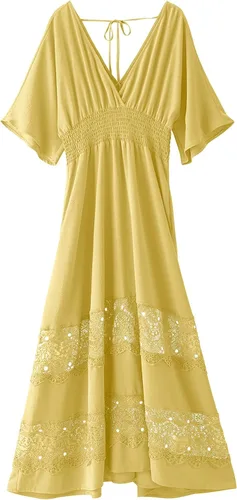 Miniatura 47 de Vestido largo de encaje para mujer de manga corta y cuello en V, vestido de fiesta estilo bohemio con cintura fruncida, vestido bohemio para mujer