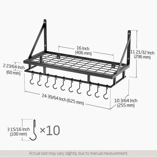 Miniatura 6 de KES Estante para ollas de cocina de 24 pulgadas montado en la pared, organizador de almacenamiento con ganchos, estante de pared en mate negro