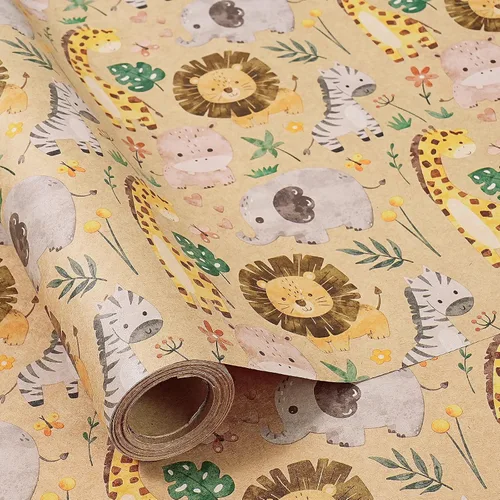 Miniatura 14 de RUSPEPA - Rollo de papel para envolver regalos con diseño de animales del bosque, mini rollo, papel kraft con texto "Oh Baby" para baby shower