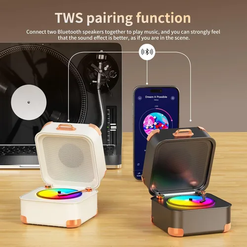 Miniatura 5 de Altavoz Bluetooth para tocadiscos, mini tocadiscos, vinilo retro, pequeño altavoz Bluetooth inalámbrico, calidad de sonido HD, kawaii, adecuado
